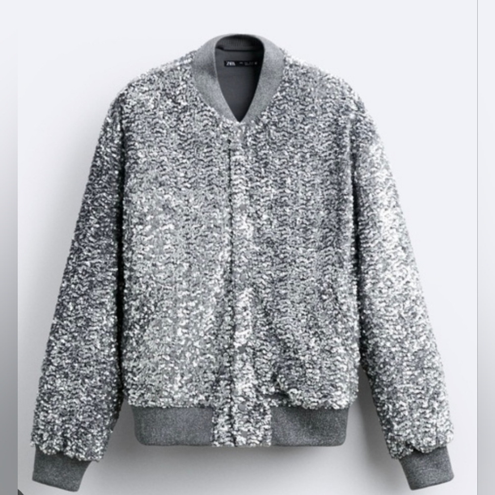 New Zara Silver Metallic Sequin Bomber Jacket Size Large